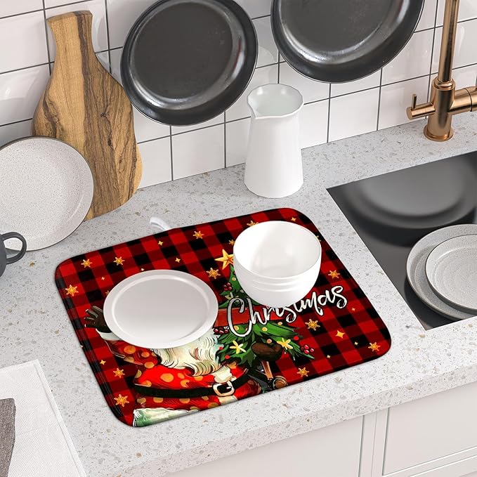 Merry Christmas Santa Claus Red Buffalo Plaid Dish Drying Mat - Image 6