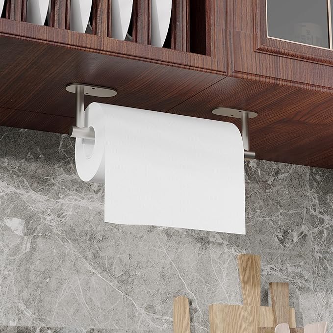 RUACQ Paper Towel Holder Under Cabinet, Wall Mounted or Adhesive Stainless - Image 2