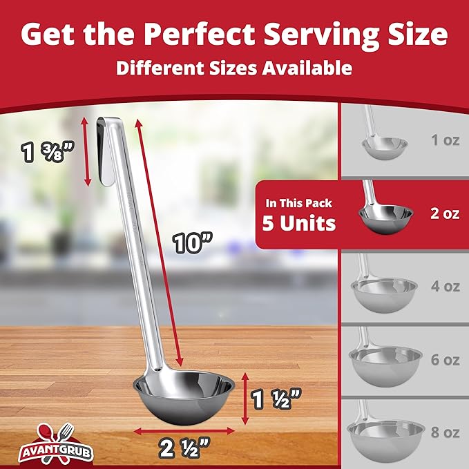 Super Sturdy, Ergonomic 2 Oz. Soup Ladle 5 Pk. Stainless Steel Ladles - Image 2
