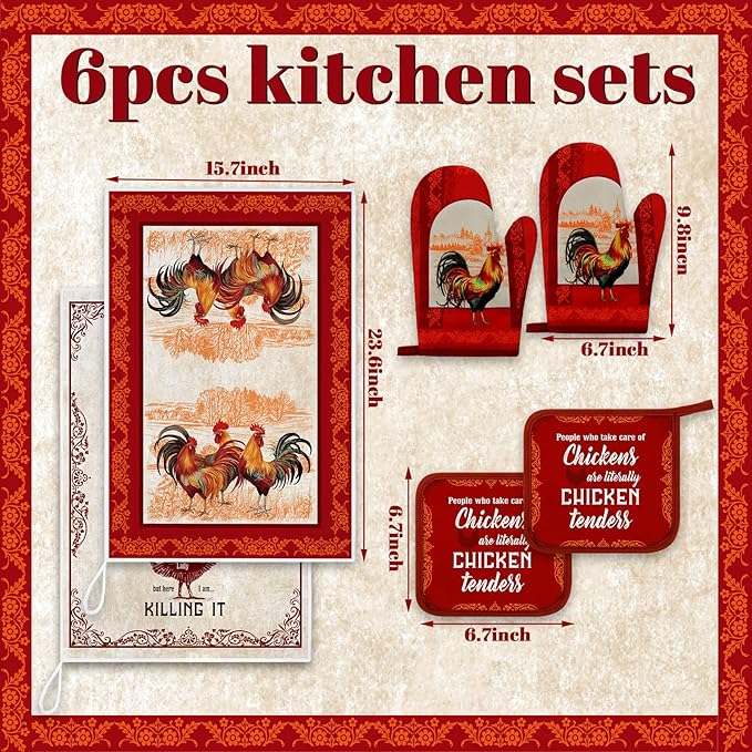 Leinuosen 6 Christmas Red Rooster Farmhouse Kitchen Decor Dish Towels Oven - Image 3