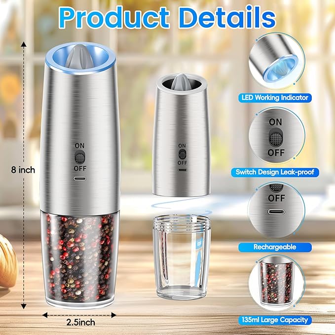 MealHelper Rechargeable Gravity Electric Salt and Pepper Grinder Set - Image 2