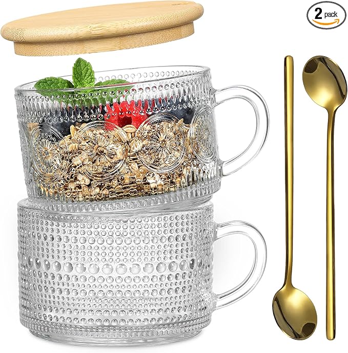 Vintage Coffee Mugs, Overnight Oats Containers - 14oz Clear Embossed Glass Cups by MakeLifeBetterEasier
