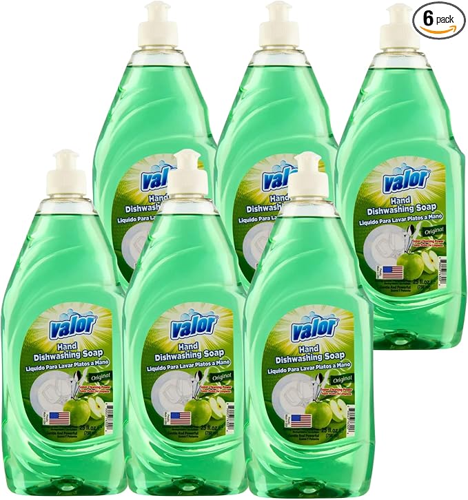 Valor Dishwashing Liquid, 25 fl oz – Dish Soap for Kitchen & Bathroom, Grease-Fighting, Gentle on Hands, Fast Rinse, Eco-Friendly Biodegradable Formula (25.5 oz (Pack of 6), Original)