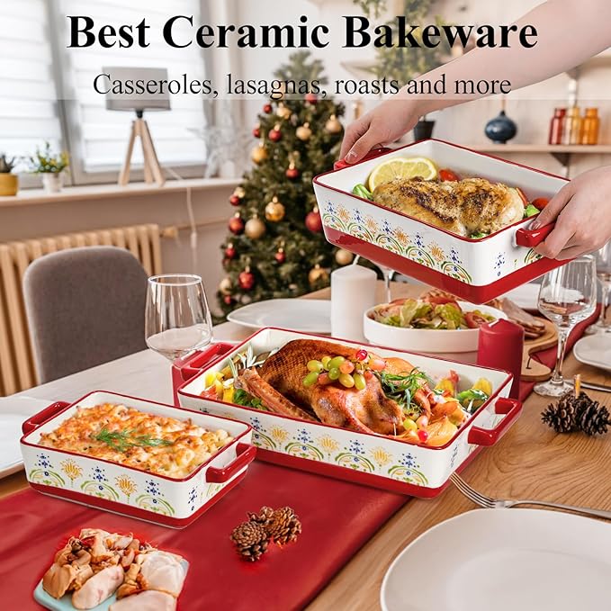 WRINGKIT Set of 3 Ceramic Baking Dishes, Rectangular Casserole Dish - Image 5