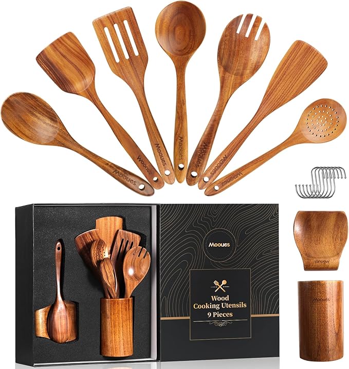 Wooden Spoons for Cooking, Comfortable Grip, Heat Resistant Kitchen Utensils by Mooues