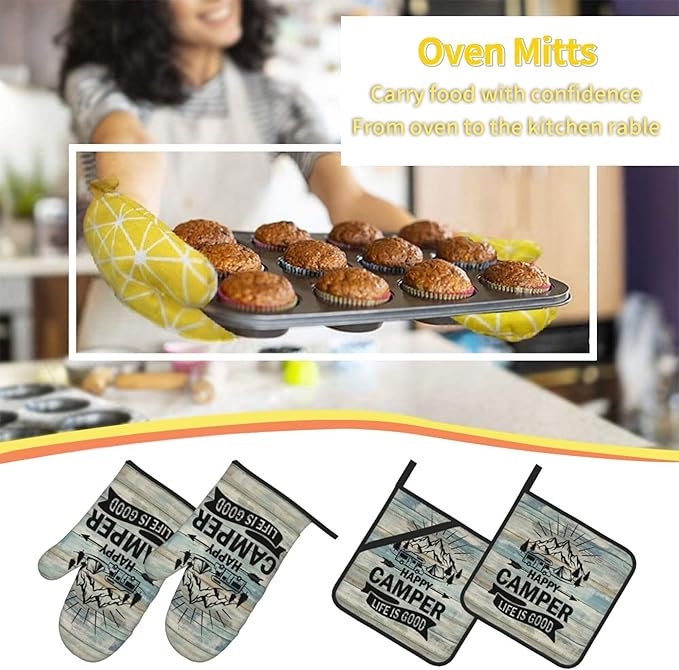 Happy Camper Oven Mitts and Pot Holders Sets of 4, Resistant Hot Pads - Image 6