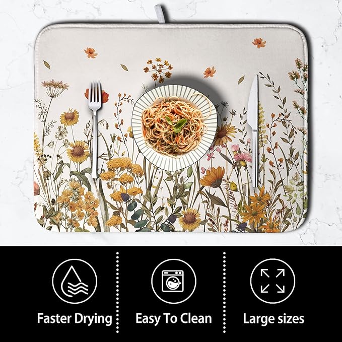 Fall Floral Dish Drying Mat for Kitchen Counter Autumn Burnt Orange Wild - Image 4