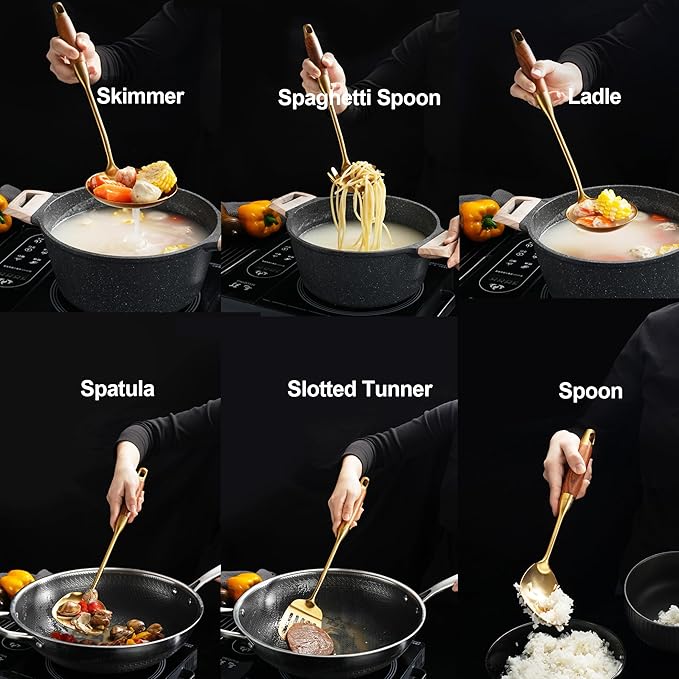 Gold Kitchen Utensils Set, Solid and Slotted Spoon, Slotted Tunner, Spaghetti - Image 2