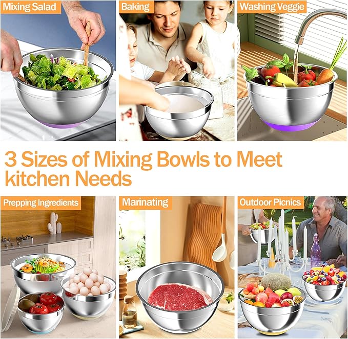Nicdiet Mixing Bowls with Airtight Lids, Stainless Steel Mixing Bowl Set with 3 - Image 6