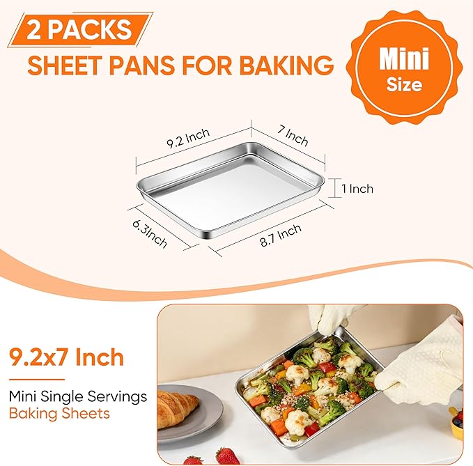 LIANYU Stainless Steel Tray for Baking, 9.2x7” Small Cookie Baking Sheet Pan - Image 2