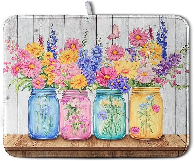 Daisy Dish Drying Mat for Kitchen Counter Spring Summer Flowers Vases Dishes by Kwlegh