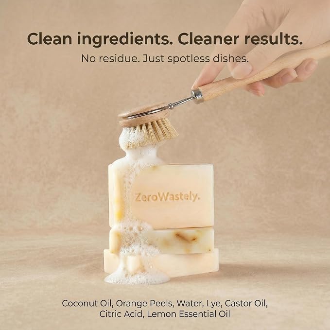 ZeroWastely Natural Dish Soap Bar - Value Pack of 3 Solid Soap Block 16oz - Lemon Scented, Long Lasting, Skin Friendly - Sustainably Made from 100% Organic Ingredients - Plastic Free Dish Soap