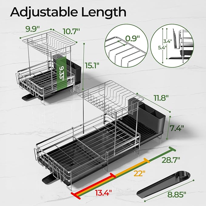 Large 2 Tier Dish Drying Rack, Extendable Dish Rack, Stainless Steel Anti-Rust - Image 7
