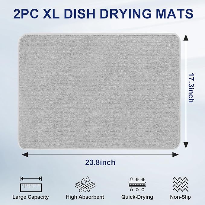 Large Dish Drying Mat 2 Pack, 23.8" x 17.3" Microfiber Ultra Absorbent - Image 2
