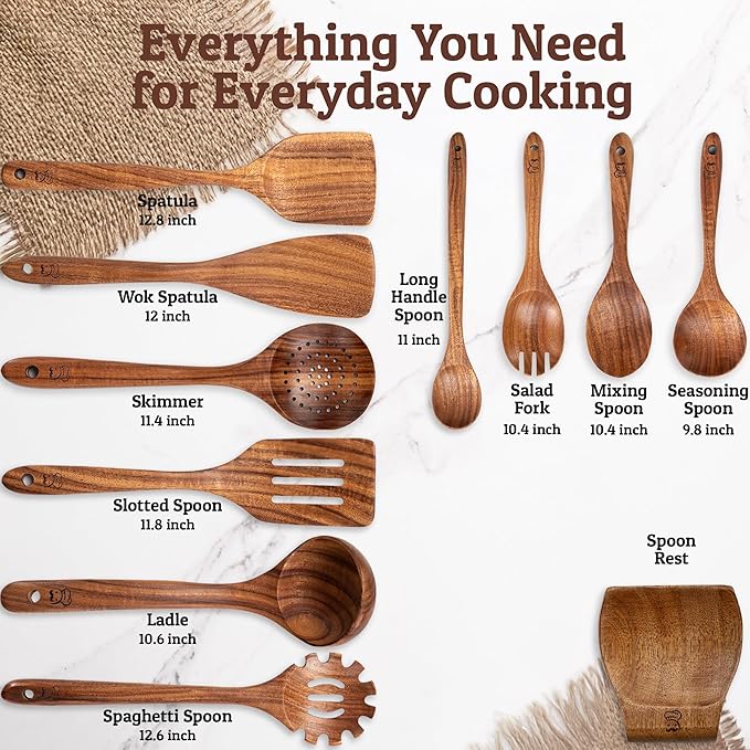 PriorityChef Wooden Spoons for Cooking, Premium 10pc Teak Wood Utensil Set - Image 4
