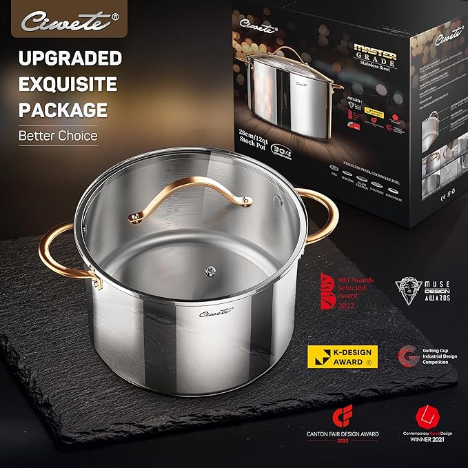 Ciwete Stock Pot 12 Quart, 18/10 Tri-Ply Stainless Steel Whole Clad Stock Pot - Image 3