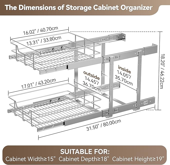 2 Tier Pull Out Cabinet Organizer 15" W X 17" D, Slide Out Drawers - Image 2