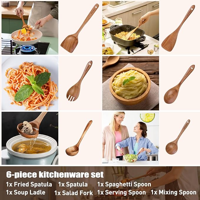 Wooden Spoons - Wooden Spoons for Cooking, Natural Wooden Kitchen Utensils Set - Image 4