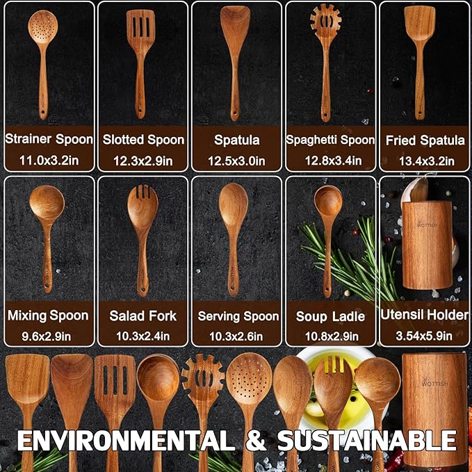 Wooden Spoons for Cooking, Wooden Cooking Utensil Set, 10-Piece Wooden Kitchen - Image 3