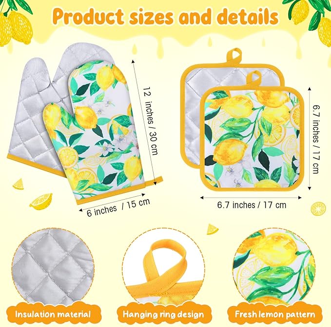 4 Pcs Oven Mitts and Pot Holders Cute Lemon Oven Gloves and Pot Holders Heat - Image 2