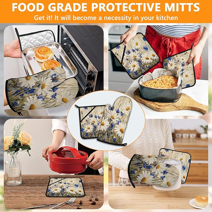 Daisy Flowers Oven Mitts and Pot Holders Sets 4Pcs, Extra Long Oven Gloves - Image 7