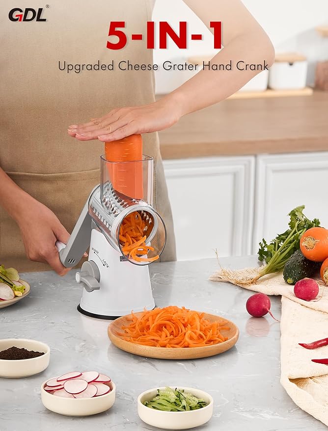 GDL Rotary Cheese Grater, Upgraded 5-in-1 Cheese Grater Hand Crank, Vegetable - Image 8
