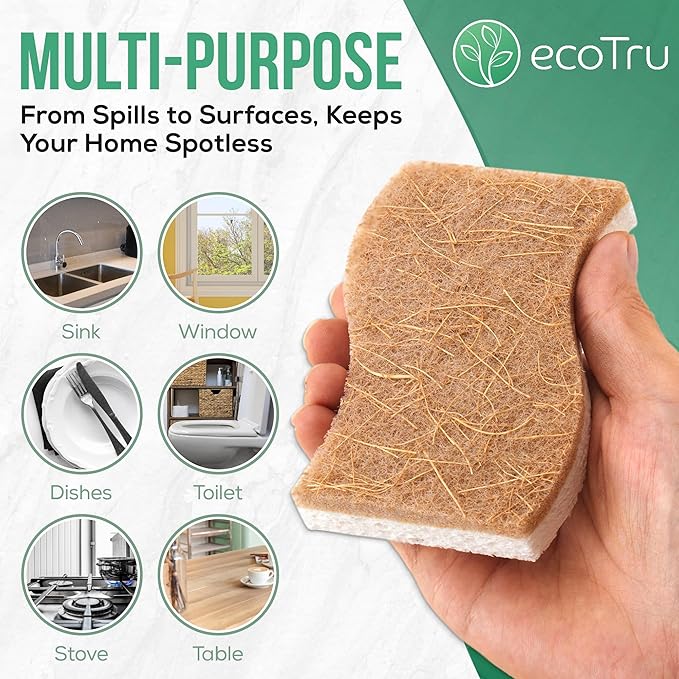 6 Pack Natural Kitchen Sponges, Compostable White Cellulose & Organic Coconut - Image 9