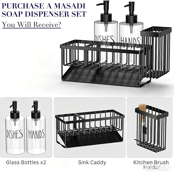 MASADI Kitchen Sink Caddy with Dish Soap Dispenser Set, 12OZ Glass Bottle - Image 2