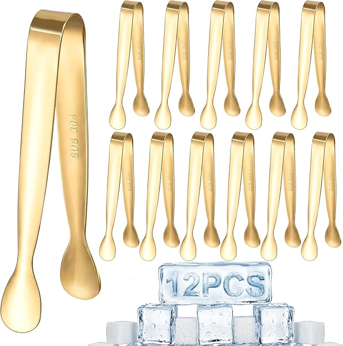 12 Pcs Gold Serving Tongs, Stainless Steel Ice Tongs Mini Sugar Tongs by ELASO