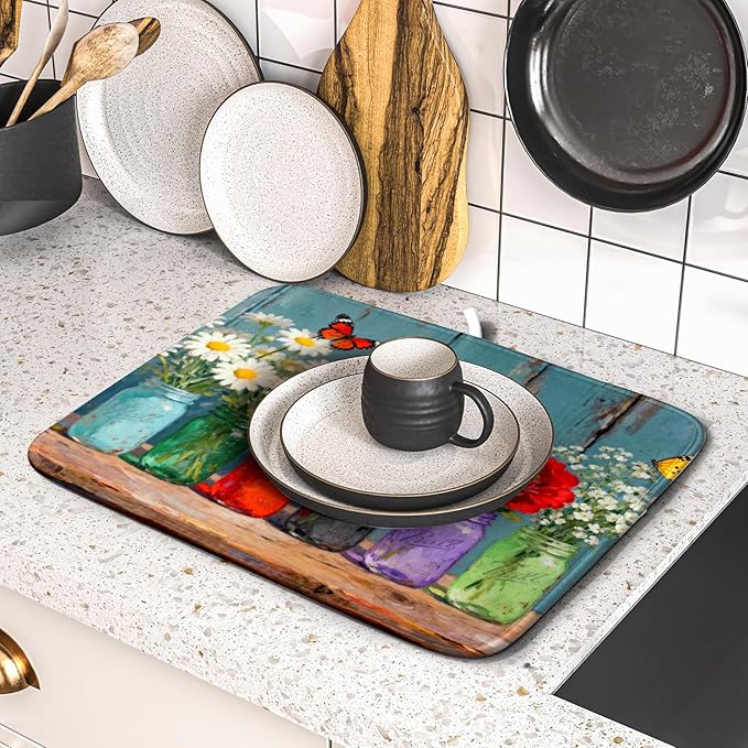 Small Dish Drying Mat for Kitchen Counter 16x18, Spring Summer Floral - Image 5