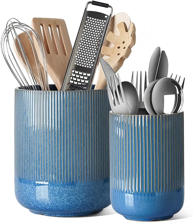 LE TAUCI Utensil Holder for Kitchen Counter, 7.3"+5.4" Fluted Ceramic Utensil by LETAUCI