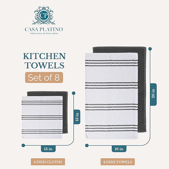 Casa Platino 8PC Cotton Kitchen Towels, Summer Grey Kitchen Towels - Image 2