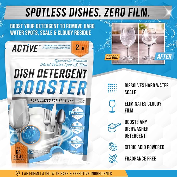 Dishwasher Detergent Booster Prewash Powder - ACTIVE Citric Acid Dishwashing Additive for Hard Water, Natural Dish Washer Shine & Rinse Aid, Lime Scale Remover for Cloudy Glassware - 64 Uses (32-oz)