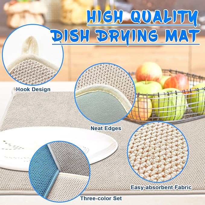 3 Pack XXL Dish Drying Mats, 24×17" Absorbent Microfiber Dishes Drainer Mats - Image 3