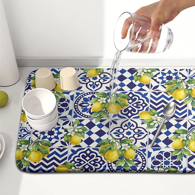 Lemon and Blue Tile Dish Drying Mat 16x18 Inch Absorbent Reversible Mexican - Image 6