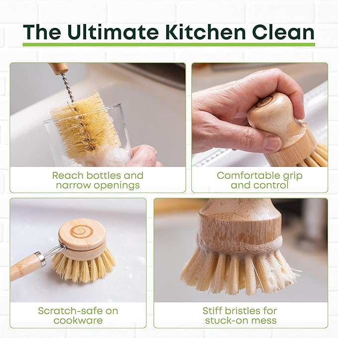 Tieralia Bamboo Dish Brush Set 5 Piece – Eco Friendly Kitchen Cleaning Kit - Image 3