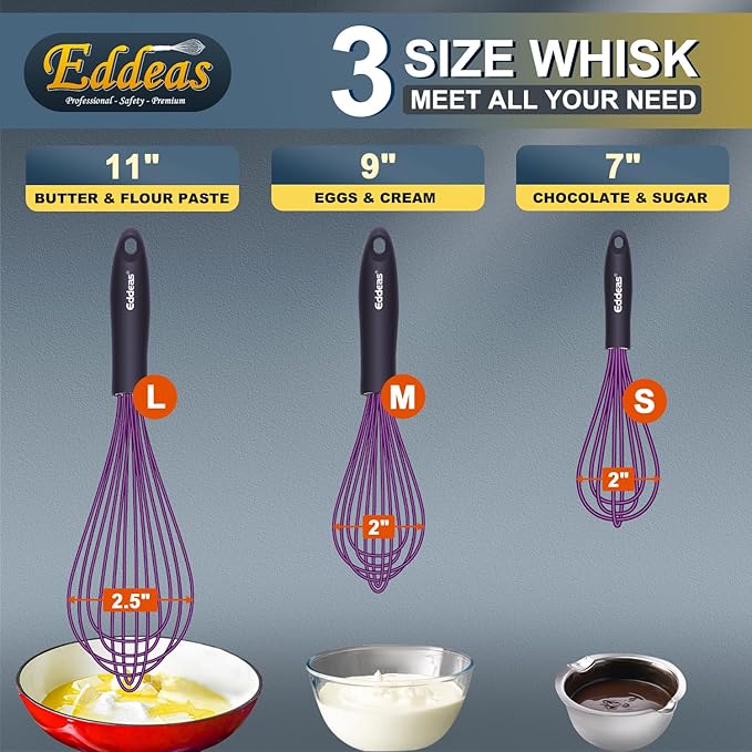 Silicone Whisk, Eddeas Whisk Non-Scratch Coated Whisks set of 3-Heat Resistant - Image 6