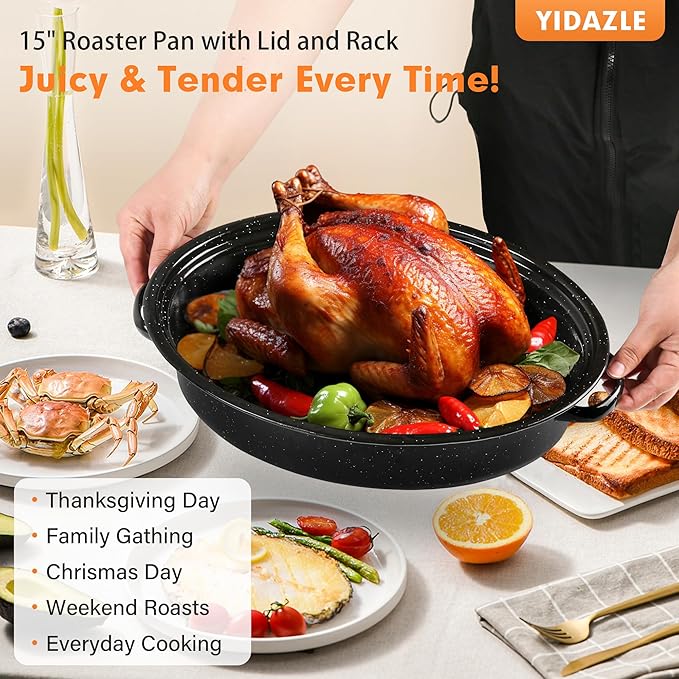 18” Roaster Pan with Lid and Rack, Large Enamel Roaster Pan with Oval Roasting - Image 7
