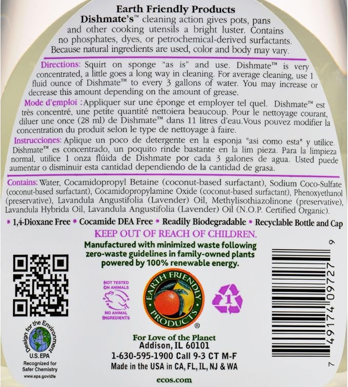 Earth Friendly Products Ultra Dishmate, A Liquid Dishwashing Cleaner, Lavender 25 fl oz (739 ml)