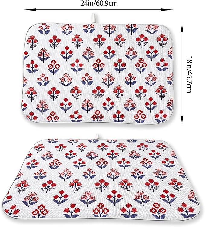 Red Blue Dish Drying Mat 18x24 Inch Vintage Boho Block Print Floral Drying Mat - Image 2