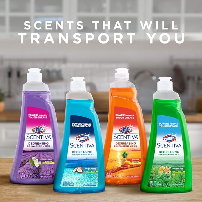 CLOROX Scentiva Dishwashing Liquid Soap | Smells Great and Cuts Through Grease Fast | Quick Rinsing Formula for a Powerful Clean You Can Trust, Pacific Breeze & Coconut, 26 Oz (Pack of 6) | Ultra-concentrated formula, bleach-free, cuts through food res...