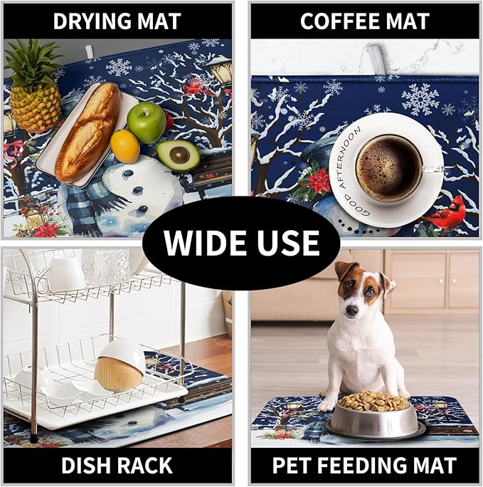 Winter Snowman Dish Drying Mat for Kitchen Counter 16x18, Xmas Snowflakes Dish - Image 7
