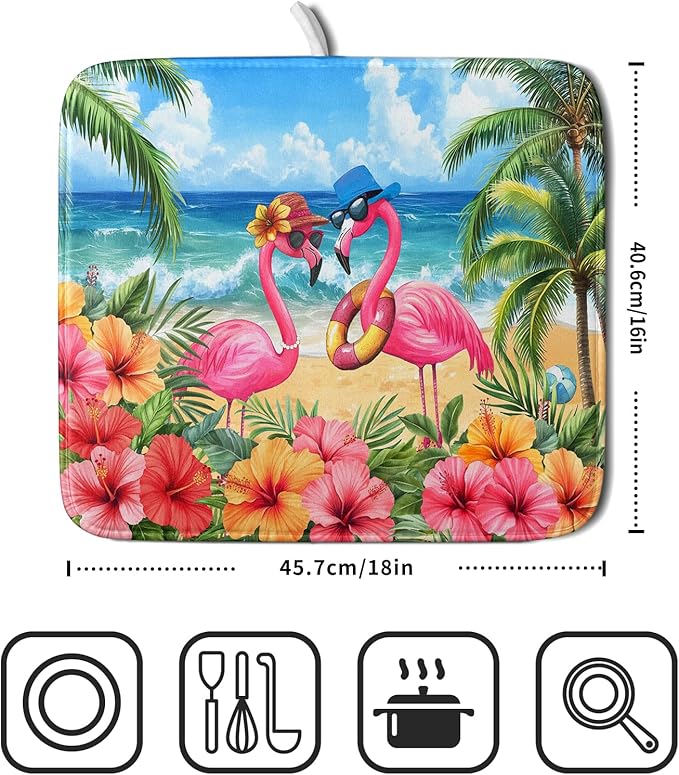 Summer Flamingos Dish Drying Mat 16x18 inch Tropical Beach Microfiber Washable - Image 2