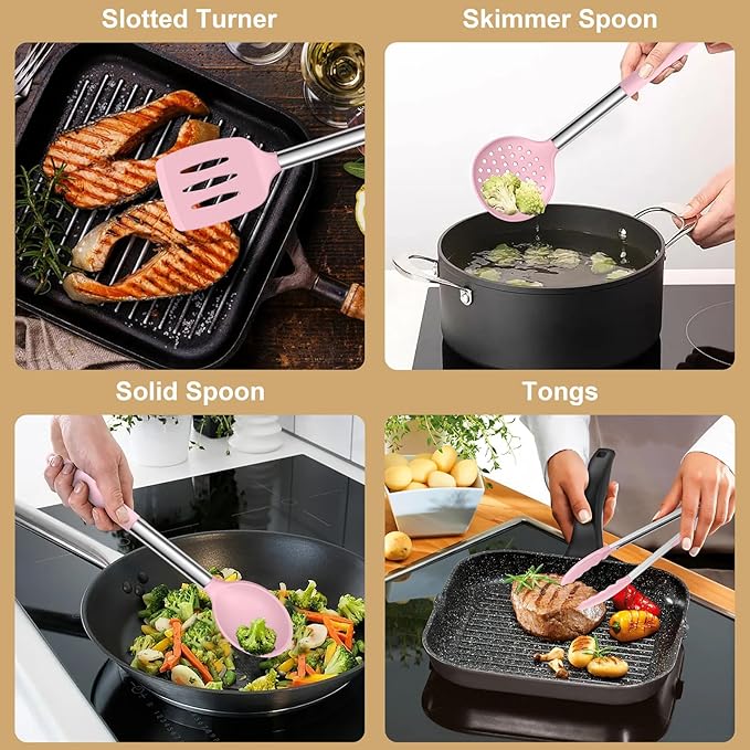 E-far Silicone Cooking Utensils Set, Slotted Turner, Soup Ladle, Pasta Server - Image 5