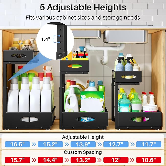 Under Sink Organizer, 2 Pack 2 Tier Pull Out Under Cabinet Organizer Shelf - Image 6