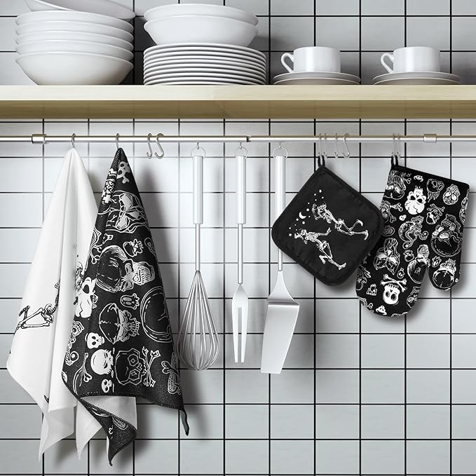 Leinuosen 6 Pcs Skull Kitchen Decor Set Kitchen Towels Gothic Oven Mitts and - Image 2