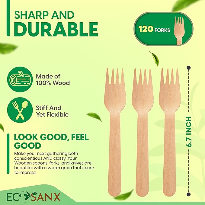 ECOSANX® 120 PCs Wooden forks for eating 6.5" Splinter Free Compostable Forks - Image 2
