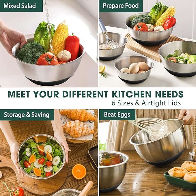 Umite Chef Mixing Bowls with Airtight Lids，6 piece Stainless Steel Metal - Image 3