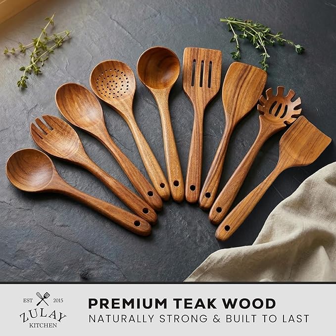Zulay Kitchen 9-Piece Teak Wood Cooking Utensil Set – Non-Toxic & Non-Stick - Image 2