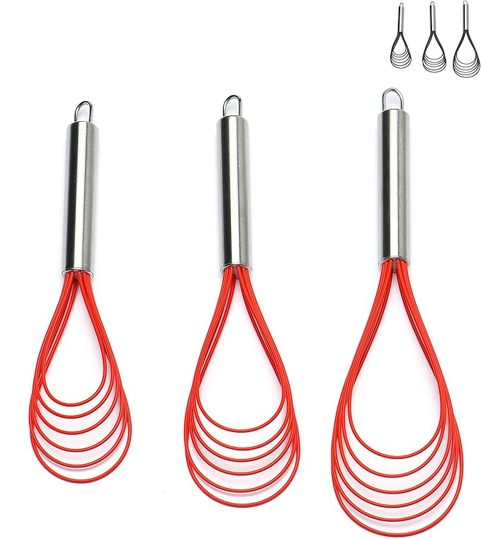 Flat Whisk Set, Stainless Steel 3 Pack 10''+11''+12'' Premium Sturdy-6 Silicone by Jell-Cell